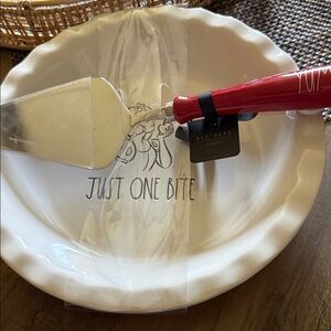 Rae Dunn White Pie Dish with Red Handle Server Just One Bite